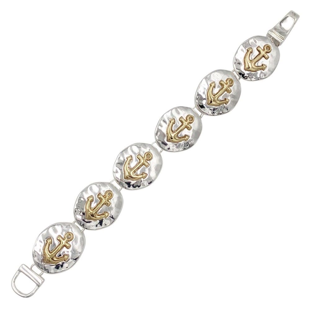 Anchor Theme 2-Tone Silver & Gold Tone Magnetic Clasp Bracelet